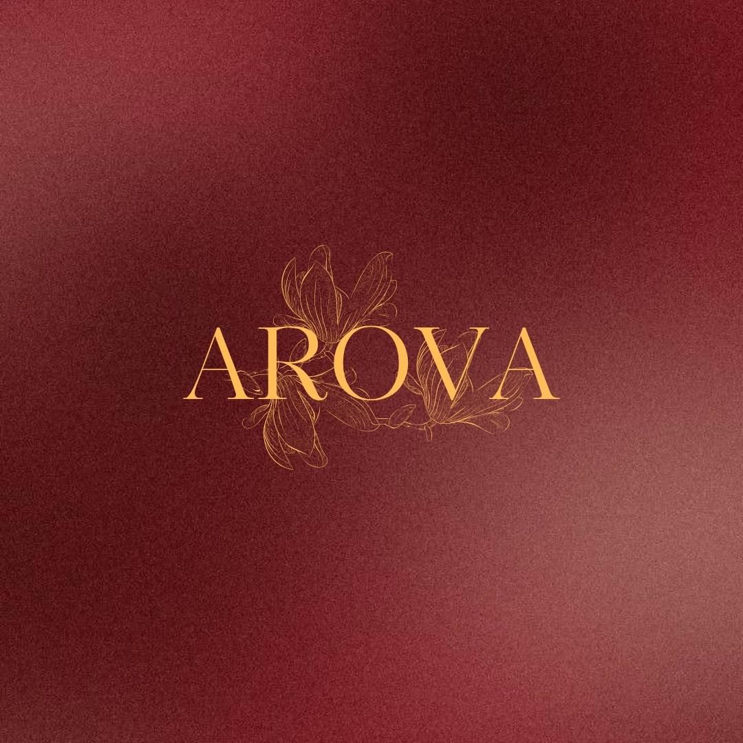 Gold 'AROVA' logo on a maroon background